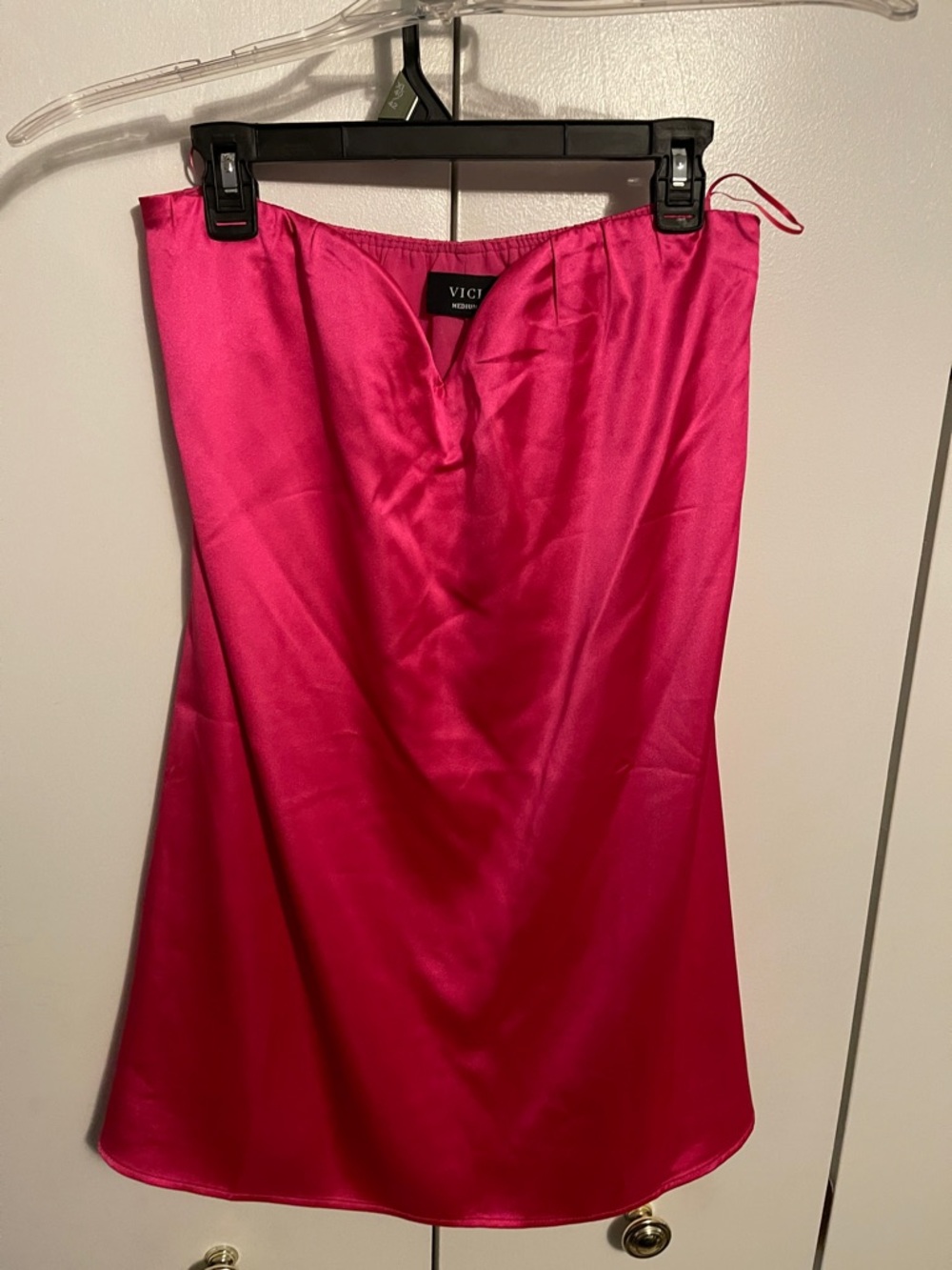 Vici Evangeline Satin Strapless Dress in Hot Pink